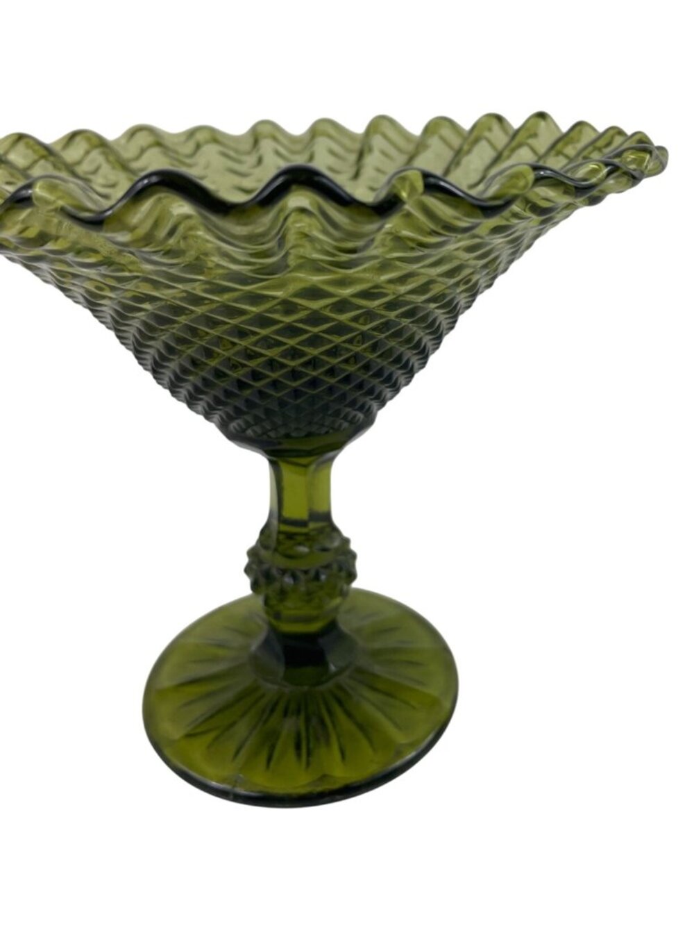 Vintage Green Glass Compote With Diamond Pattern & Ruffled Edge Pedestal Bowl - Picture 6 of 11